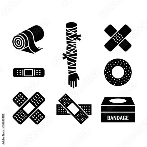 Medical Bandage Icons: First Aid, Injury Care, Wound Dressing, Healthcare Symbols