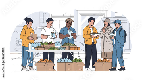 Diverse group of volunteers distributes food and supplies to people in need at an outdoor charity community event.