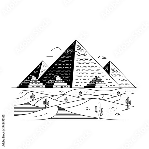 Minimalist Egyptian Pyramids Landscape Line Art Illustration