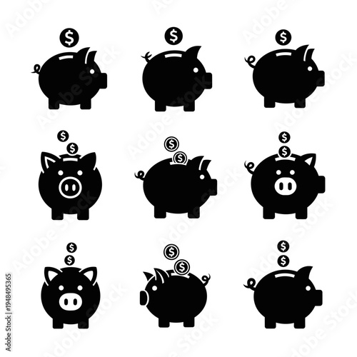 Piggy Bank Icons Set: Saving Money, Coin Deposit, Financial Growth