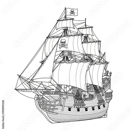 Pirate Ship Illustration with Jolly Roger Flag and Skull Emblem