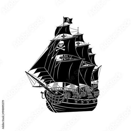 Pirate Ship Silhouette with Jolly Roger Flag