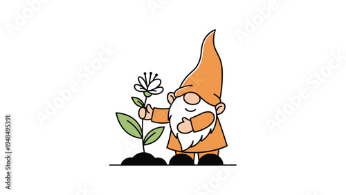 Cute garden gnome with a long white beard and orange hat stands next to a small flowering plant in a garden setting.