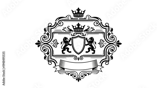 Royal Emblem Crest Heraldic Shield with Lions and Crown