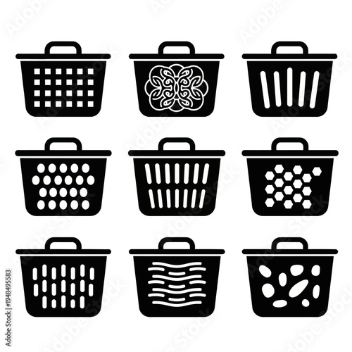 Set of 9 Laundry Baskets Icons - Various Designs