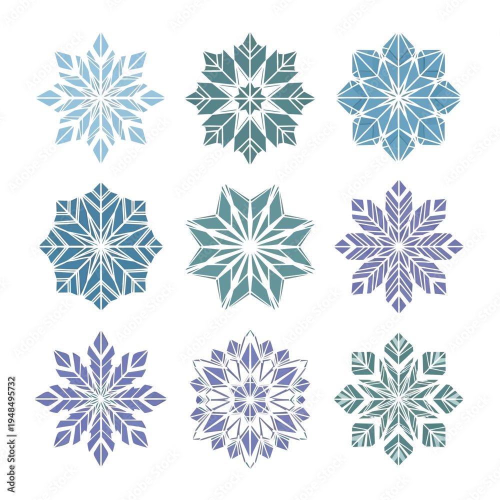 Fototapeta premium Set of Geometric Snowflakes Icons, Winter Design Elements, Blue and Green Tones