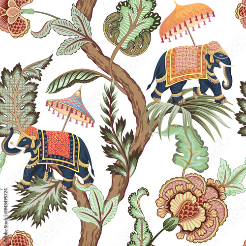 Indian elephants, flower tree, leaf seamless pattern. Chintz floral wallpaper.	