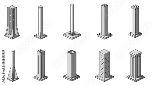 Isometric architectural base plate pillars and support columns in various industrial designs for construction projects.