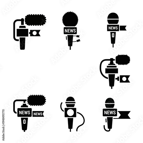 Set of journalistic microphones icons, black silhouette on white background