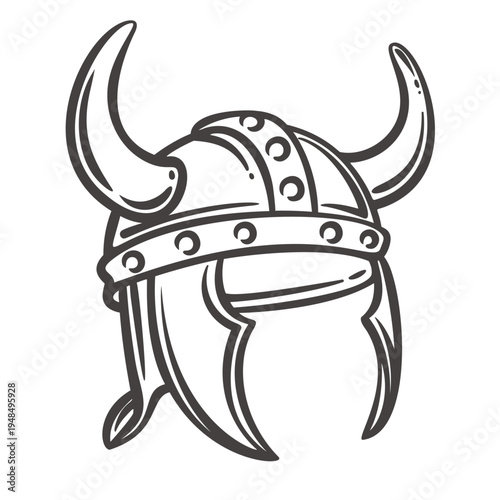 Viking helmet with curved horns, metal rivets and face guard, iconic Norse warrior headgear symbol of battle and strength. Detailed Viking helmet in monochrome engraving style vector illustration.