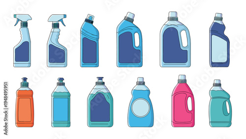 Collection of various plastic cleaning product bottles including sprayers and jugs for different household tasks.