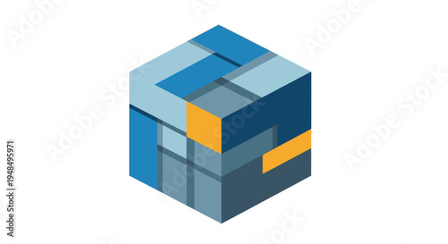 Colorful 3D cube with orange accents.