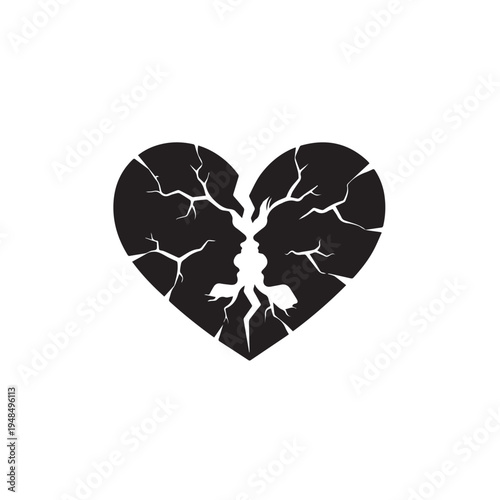 A black heart with cracks and fractures on a white background symbolizing sadness and despair