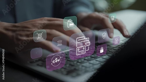 Digital wallet and online payment concept. Person using laptop with mobile payment and financial transaction icons, secure digital payment, cashless transaction and fintech technology.