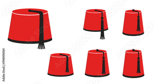 Traditional Red Fez Hats with Black Tassels - Multiple Angles