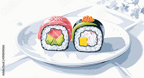 Sushi Rolls on White Plate Illustration.