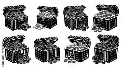 Treasure Chests Full of Gold Coins - Set of 8 Icons