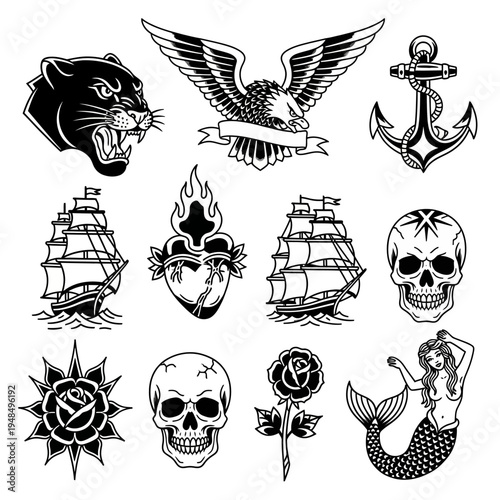 Traditional Tattoo Flash Sheet: Eagle, Panther, Mermaid, Skull, Ship, Rose, Anchor
