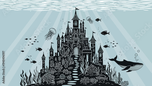 Underwater Castle Silhouette with Whale and Jellyfish