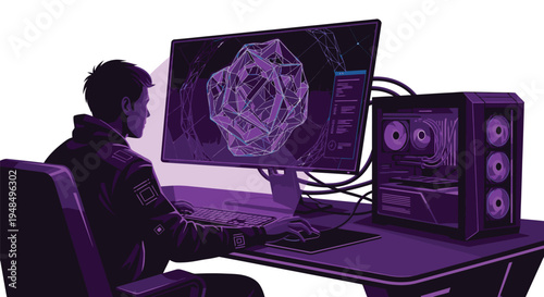 Man Working on Computer with Neon Lights.