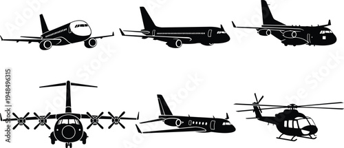 Aircraft silhouette collection, airplane outline figure, aviation motif illustration, helicopter icon art, military transport design graphic, jet symbol image