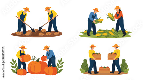 Hardworking farmers harvest various crops including potatoes, corn, and pumpkins in an agricultural field outdoors.