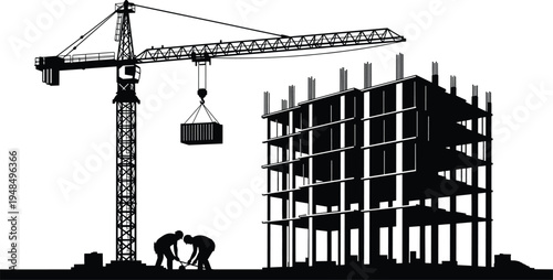 Construction site silhouette illustration, tower crane building workers industrial artwork, urban development vector design concept