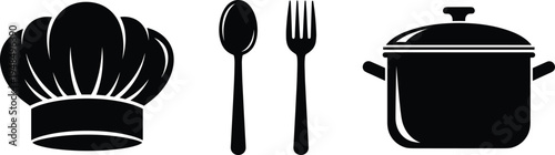 Cooking icon silhouette collection, kitchen utensil outline figure, chef motif illustration, culinary design graphic, restaurant symbol art, dining element