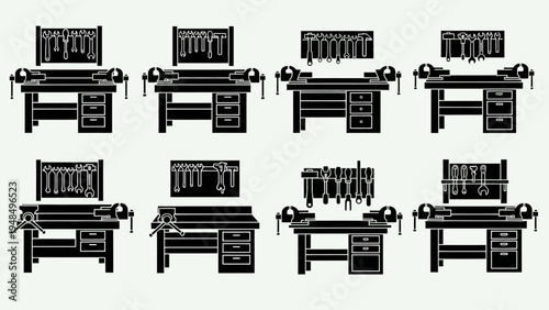Workshop Bench Icons: Vises, Tools, and Drawers - Set of 8