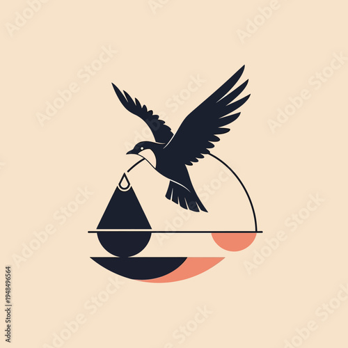 Abstract Bird Carrying Water Drop, Geometric Shapes, Minimalist Design, Hope Symbol