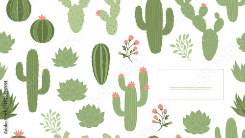 Beautiful seamless pattern of various cacti and succulents with small pink flowers on a clean white background.