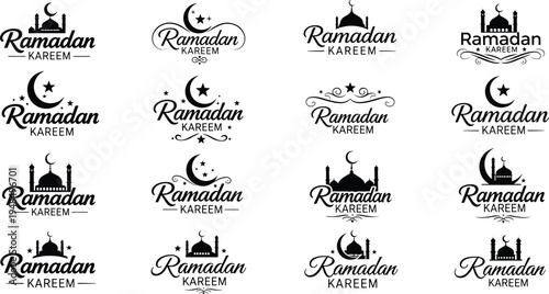 Ramadan Kareem logo collection, Islamic festive outline figure, crescent moon motif illustration, mosque icon art, lantern design graphic, Eid symbol