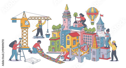 Colorful Cartoon City Construction Scene with Workers.