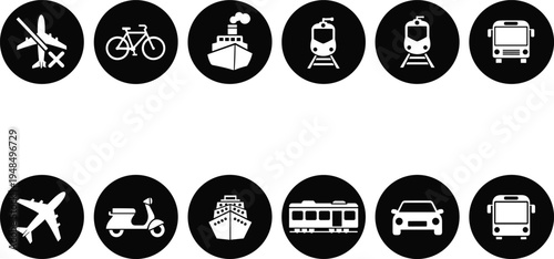 Transportation icon silhouette collection, travel outline figure, vehicle motif illustration, mobility design graphic, transport symbol art, journey element