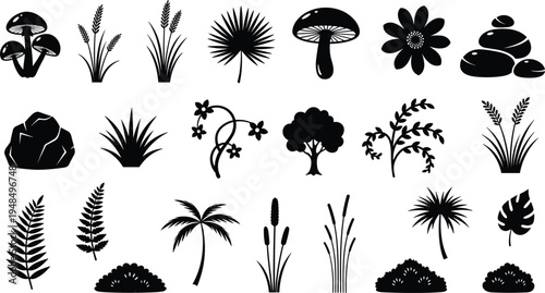 Collection of botanical nature silhouettes including mushrooms leaves ferns palms bushes rocks and flowers isolated as black vector icons for landscape design