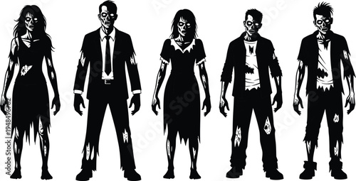 Zombie silhouette collection, horror outline figure, Halloween motif illustration, undead icon art, creepy design graphic, spooky character symbol