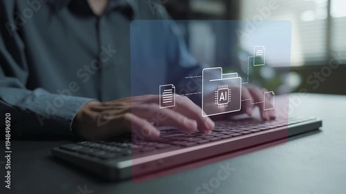 AI digital document management concept. Person typing keyboard with artificial intelligence and file management icons, smart document organization, automated workflow and digital information control.