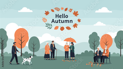People enjoy a relaxing autumn day in a park with colorful falling leaves and the greeting Hello Autumn in the sky.