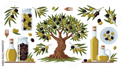 Olive tree and oil collection features fresh olives, branches, glass jars, and bottles of extra virgin olive oil.