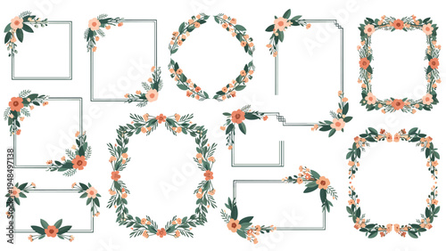 Elegant floral frames and wreaths with soft peach flowers and green leaves for invitations and decorative designs.