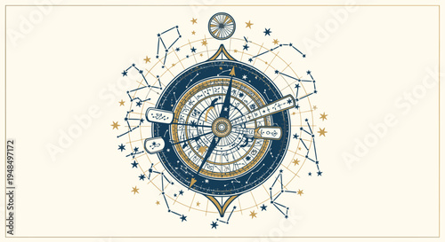 Vintage Astrology Compass with Constellations Diagram.