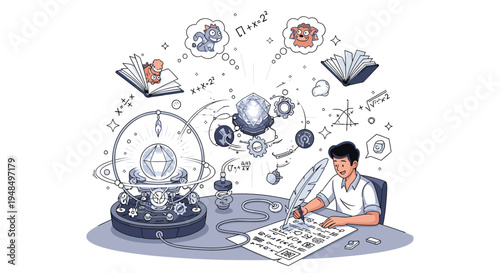 Man Researching with Globe and Technology Symbols.