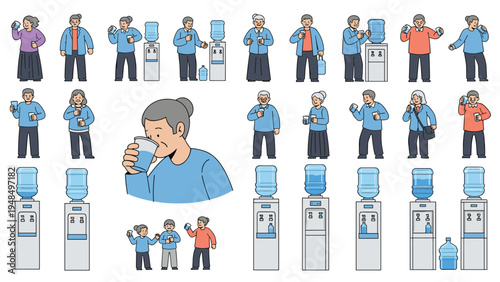 Seniors staying hydrated by drinking water from office dispensers in various everyday situations and casual poses.