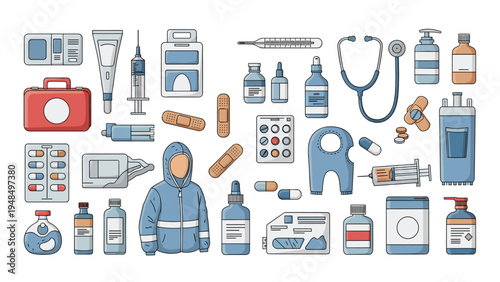 Comprehensive collection of medical equipment and pharmaceutical supplies including syringes, medicine, and first aid kits.