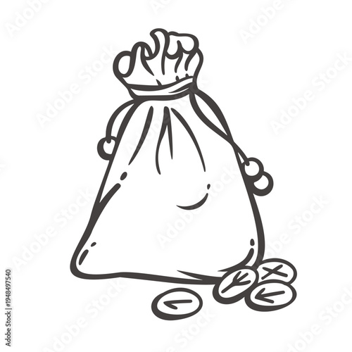 Viking coin pouch with tied leather cord and scattered rune coins, medieval Norse money bag used by traders and warriors. Detailed Viking coin pouch in monochrome engraving style vector illustration.