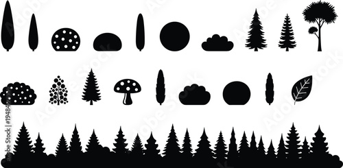 Collection of forest tree bush leaf and mushroom silhouettes including pine woodland elements isolated as black vector icons for nature landscape design