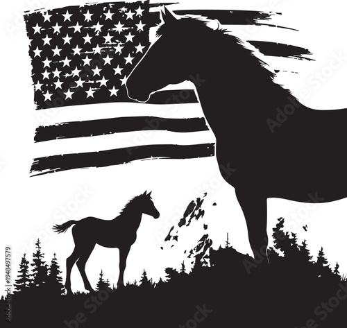 Horse and Foal with American Flag - Patriotic Silhouette