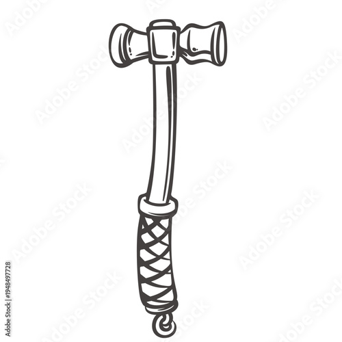 Viking battle axe with double blade and wrapped handle, traditional Norse weapon used by warrior in raid and combat. Detailed Viking battle axe in monochrome engraving style vector illustration.