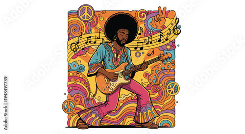 Afro Man Playing Electric Guitar Music Art.