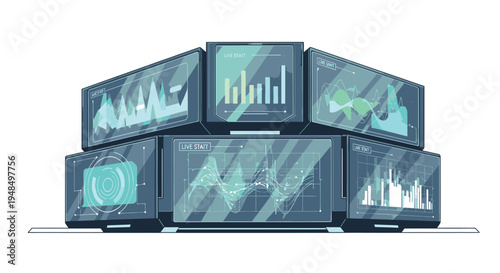 Multiple Computer Monitors Displaying Various Graphs.